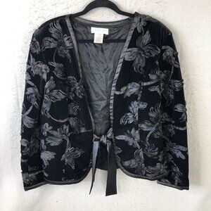 Jackie Jon Jacket Womens 12 Black Velvet Floral Embroidered Tie Front Evening